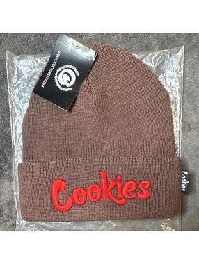 Cookies Brown Knit Acrylic Beanie Hat Red Embroidered Logo Stretch One Size